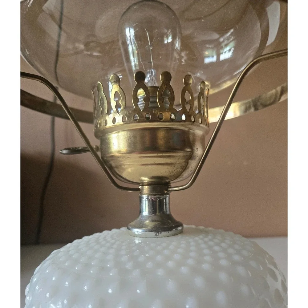 Vintage Hobnail‎ Milk Glass Electric Hurricane Lamp White Glass Brass Accent